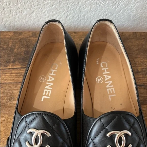 Authentic Chanel Black Quilted Loafers with Silver Logo 36.5 - Picture 10 of 16